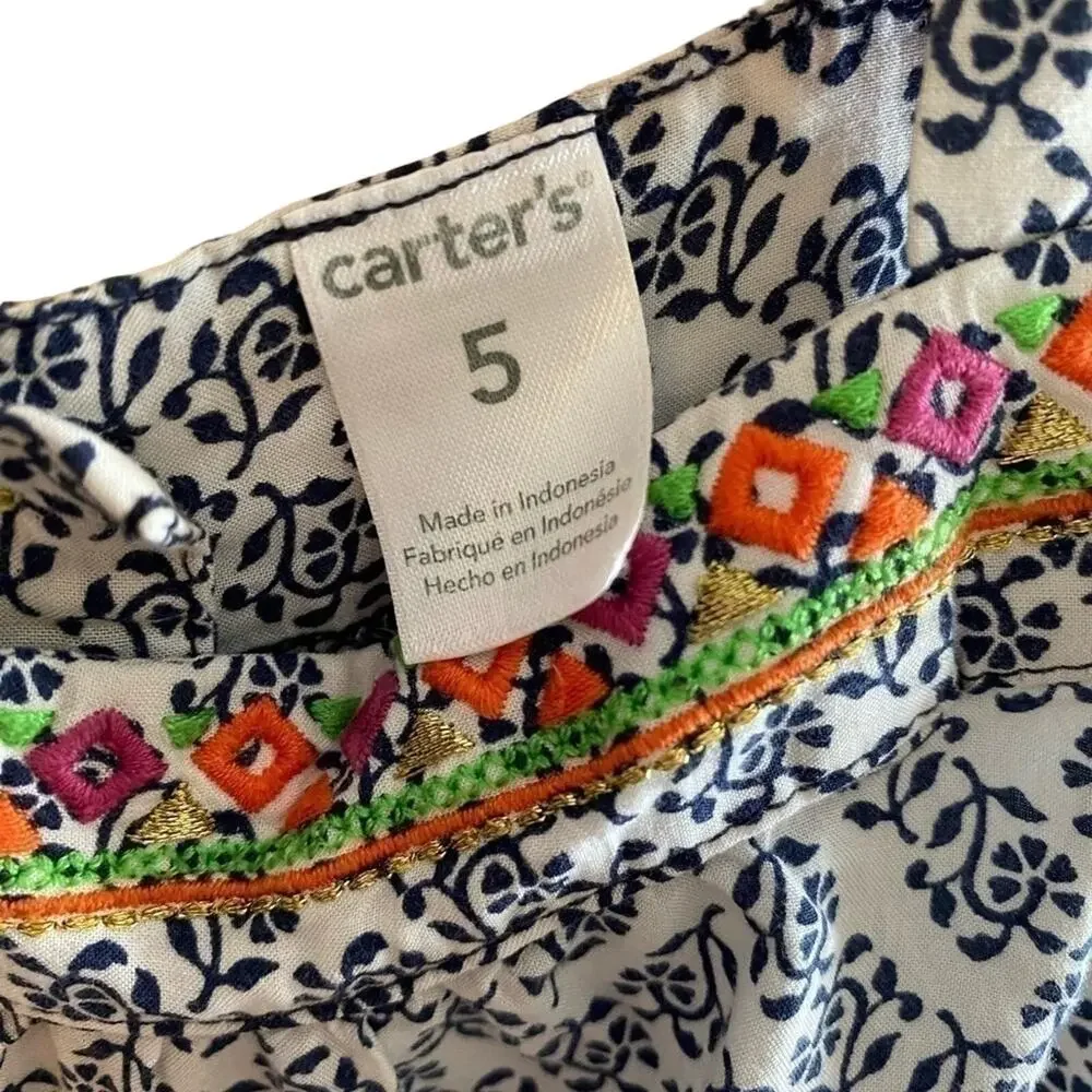 Carter's Sleeveless Shorts Lightweight Blue White Floral Embroidered Romper SZ 5